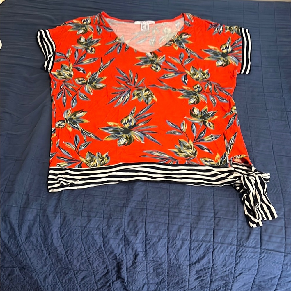 Aris Orange Green Short Sleeve Tie Front Blouse